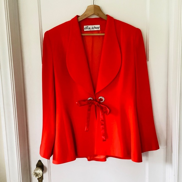 VTG Designer ilie Wacs Red Skirt Suit Rhinestone Tie Front Blazer Size 10 USA - Picture 8 of 14